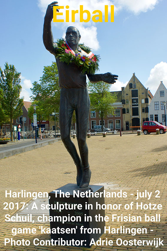 Harlingen, The Netherlands - july 2 2017: A sculpture in honor of Hotze Schuil, champion in the Frisian ball game 'kaatsen' from Harlingen